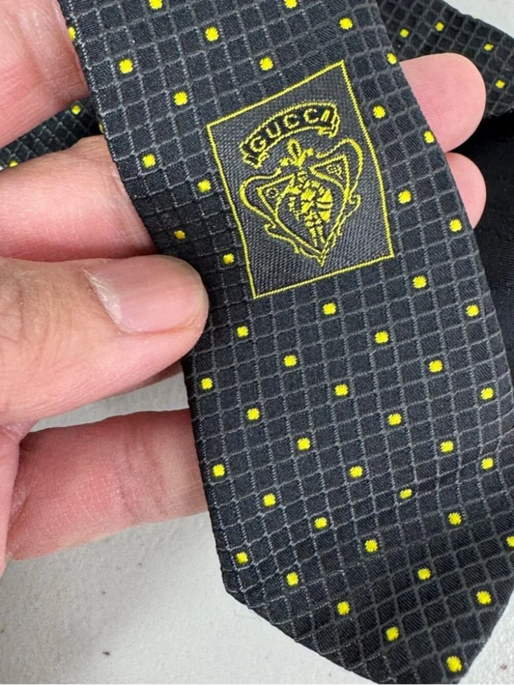 Gucci Silk Tie Gray Yellow Micro Dot Pattern Designer Luxury Necktie
